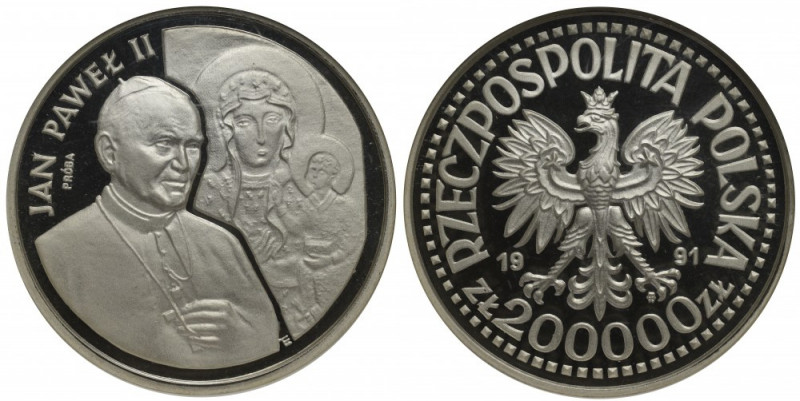 III RP, 200.000 złotych 1991 Jan Paweł II - Próba NGC PF70 Menniczy egzemplarz. ...