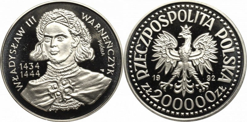 III RP, 200.000 złotych 1992 Władysław III Warneńczyk - popiersie próba Ni Menni...