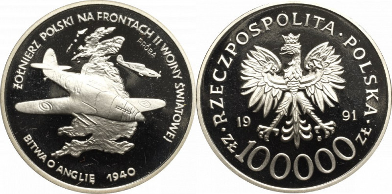 III RP, Battle of Britain, 100,000 zlotys 1991 - trial Piękny, menniczy egzempla...