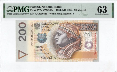 III RP, 200 złotych 1994 AA - NISKI NUMER 0000316 - PMG63 Doskonale zachowany eg...