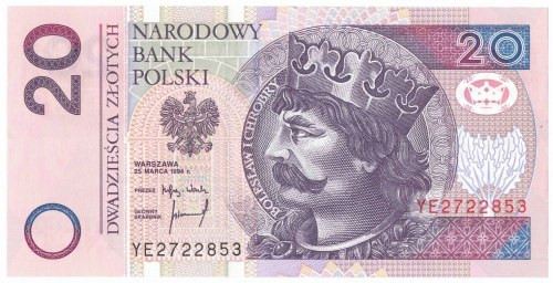 III RP, 20 złotych 1994 YE - seria zastępcza Seria zastępcza, banknot w emisyjny...