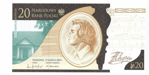 III RP, 20 złotych 2009 - Fryderyk Chopin Banknot w emisyjnym stanie zachowania ...