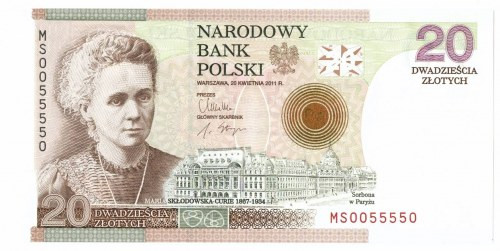 III RP, 20 złotych, Maria Skłodowska-Curie - CIEKAWY NUMER Egzemplarz w emisyjny...