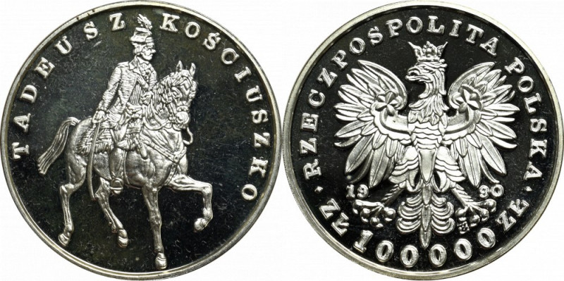 III RP, 100.000 zlotych 1990 Kosciuszko Pojedyncze skazy tła. Moneta zaliczana d...