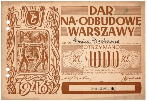 Dar na odbudowę Warszawy, cegiełka na 1.000 złotych 1946 Dużej rzadkości wysokon...