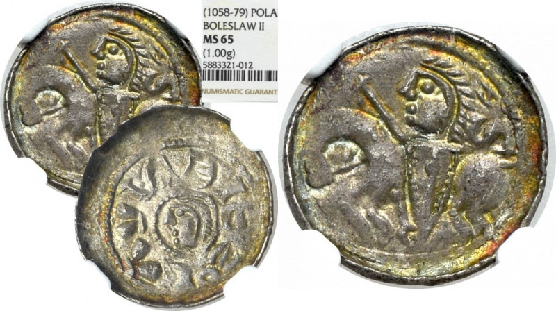 Boleslaus II, Denarius - NGC MS65 Wyśmienity egzemplarz z mocnym obustronnym bla...