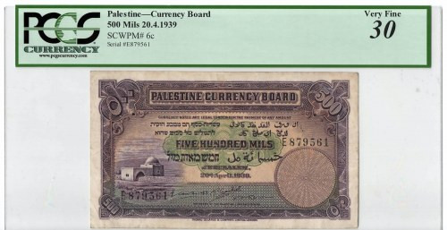 Palestine, 500 mils 1939 - PCGS30 Banknot o przyjemnej wizualnie prezencji, dobr...