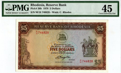 Rodezja, Reserve Bank, 5 dolarów 1978 - PMG 45 Ładny, ciekawy graficznie banknot...