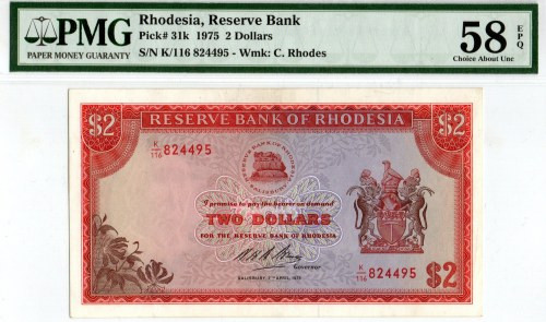 Rodezja, Reserve Bank, 2 dolary 1975 - PMG 58EPQ Banknot w pięknym okołoemisyjny...