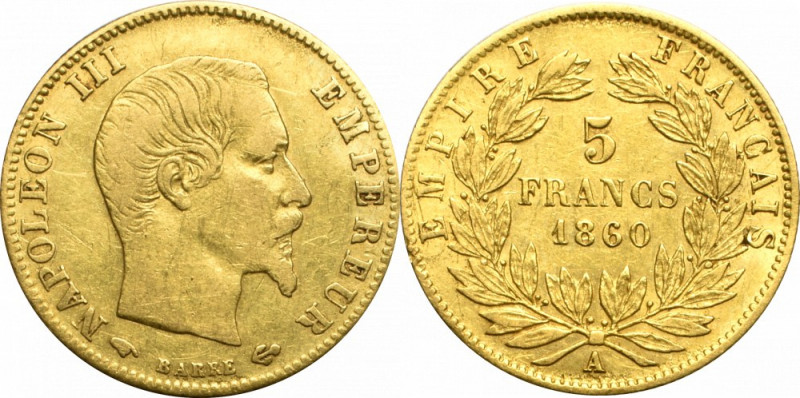 France, 5 francs 1860 Obiegowy egzemplarz rzadszego w handlu nominału złotego. Z...