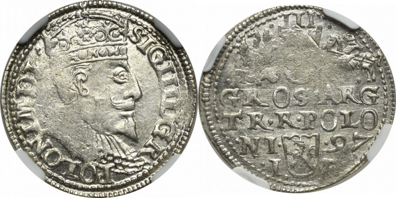 Sigismund III, 3 groschen 1597, Olcusia - NGC AU55 Piękny okołomenniczy egzempla...