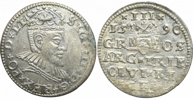 Sigismund III, 3 groschen 1590, Riga Bardzo ładny egzemplarz. Odmiana z małym po...