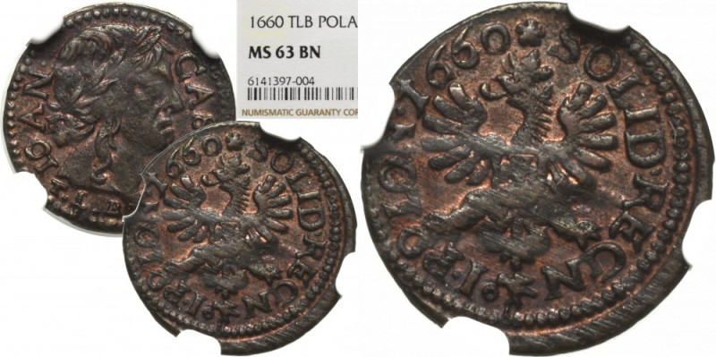 John II Casimir, Schilling 1660 - NGC MS63 BN Piękny, menniczy egzemplarz. Monet...