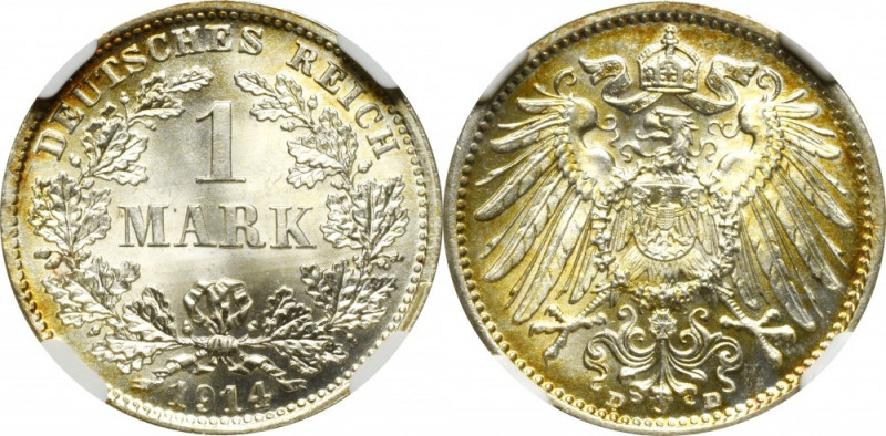 Germany, 1 mark 1914 D, Munich - NGC MS67 Wyśmienity, menniczy egzemplarz. Dosko...