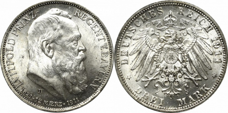 Germany, Bayern, 3 mark 1911 Piękny menniczy egzemplarz o mocnym wirującym połys...