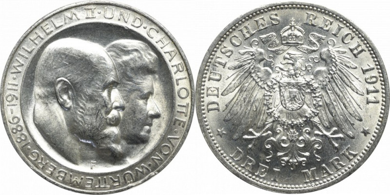 Germany, Wuertemberg, 3 mark 1911, Stuttgart - wedding anniversary Obverse: WILH...