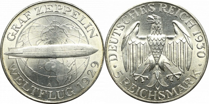 Germany, Weimar Republic, 5 mark A, Berlin, Graf Zeppelin Perfekcyjny egzemplarz...