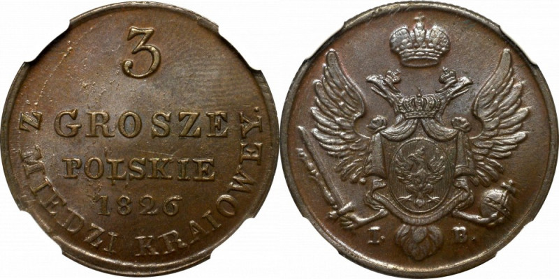 Kingdom of Poland, Nicholas I, 3 groschen 1826 - ex Karolkiewicz NGC MS64 BN Wyś...