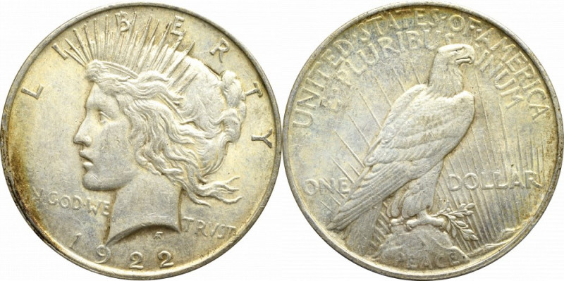 USA, 1 peace dollar 1922 Bardzo atrakcyjny egzemplarz w ładnej, naturalnej patyn...