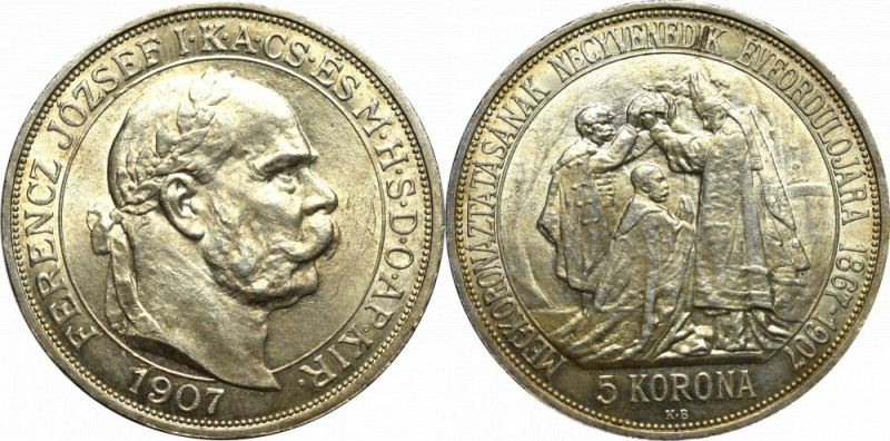 Hungary, Franz Joseph, 5 corona 1907 Piękny menniczy egzemplarz w delikatnej zło...