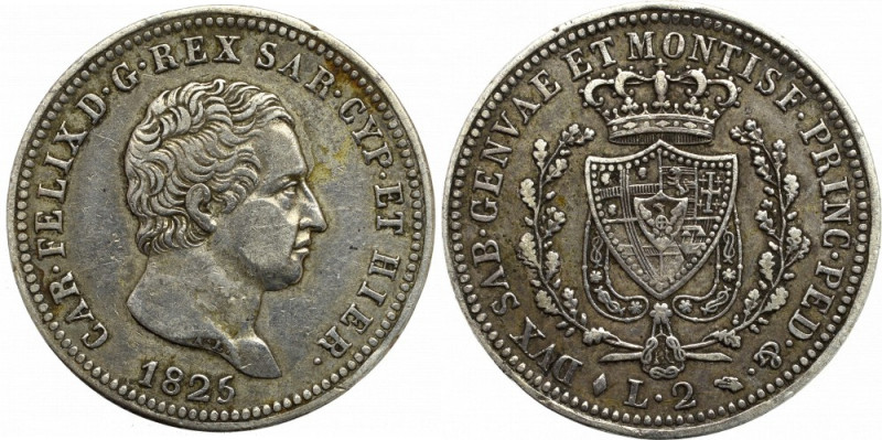 Italy, Sardinia, 2 lira 1825 Ładny egzemplarz z dobrze czytelnymi detalami. Pozy...