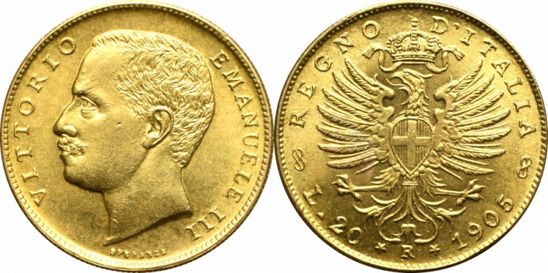 Italy, 20 lira 1905 Piękny egzemplarz. Złoto .900, waga katalogowa 6,4516 g. 
G...