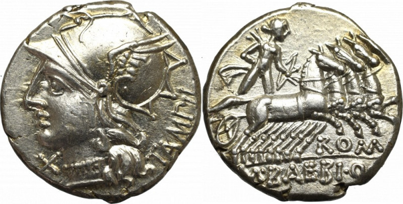 Roman Republic, M. Baebius, Denarius Wyśmienity, menniczy egzemplarz. Awers: pop...