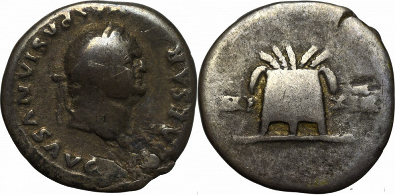 Roman Empire, Vespasianus, Denarius Ładny egzemplarz. Patyna. Awers:&nbsp; głowa...