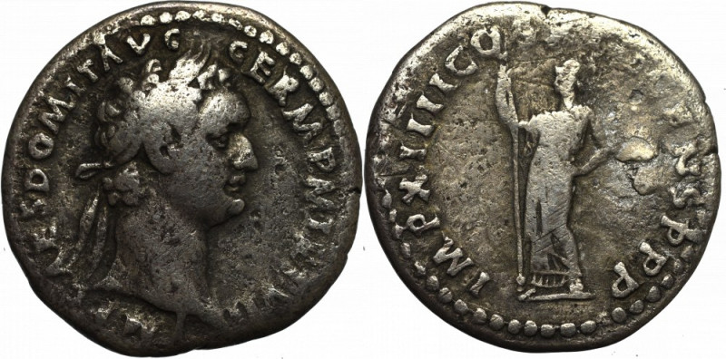 Roman Empire, Domitianus, Denarius Obiegowy egzemplarz. Patyna, nalot. Awers: gł...