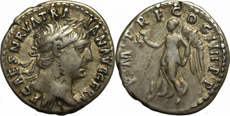 Roman Empire, Traian, Denarius - mistake N_RVA Ładny egzemplarz. Patyna, nalot. ...