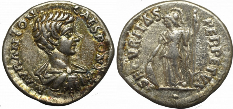 Roman Empire, Caracalla, Denarius Ładny, głęboko wybity egzemplarz. Awers: popie...