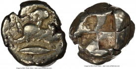 MYSIA. Cyzicus. Ca. 550-450 BC. EL stater (20mm, 15.86 gm). NGC Choice Fine 4/5 - 4/5. Sphinx crouching left, right forepaw raised, on tunny fish left...