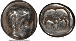 LESBOS. Mytilene. Ca. 454-427 BC. EL sixth-stater or hecte (10mm, 2.50 gm, 8h). NGC VF 3/5 - 3/5. Head of Actaeon right, with wavy hair, stag horn spr...