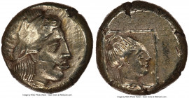 LESBOS. Mytilene. Ca. 377-326 BC. EL sixth-stater or hecte (10mm, 2.54 gm, 11h). NGC Choice XF 4/5 - 4/5. Laureate head of Apollo right / Head of fema...