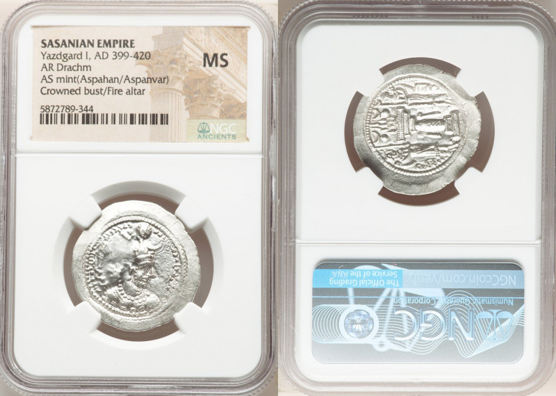 SASANIAN KINGDOM. Yazdgard (Yazdgird) I (AD 399-420). AR drachm (28mm, 3h). NGC ...