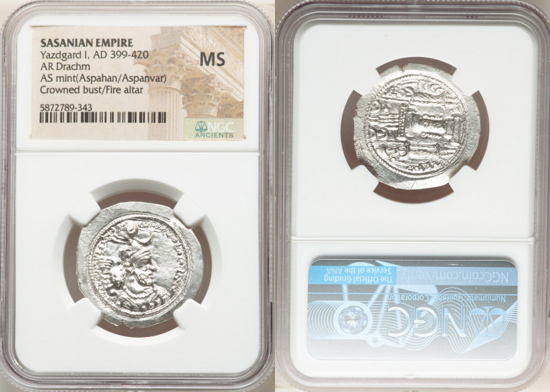 SASANIAN KINGDOM. Yazdgard (Yazdgird) I (AD 399-420). AR drachm (28mm, 3h). NGC ...