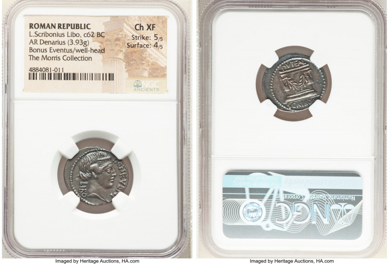 L. Scribonius Libo (ca. 62 BC). AR denarius (20mm, 3.93 gm, 5h). NGC Choice XF 5...