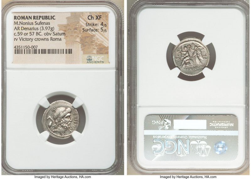 M. Nonius Sufenas (ca. 59/57 BC). AR denarius (18mm, 3.97 gm, 5h). NGC Choice XF...