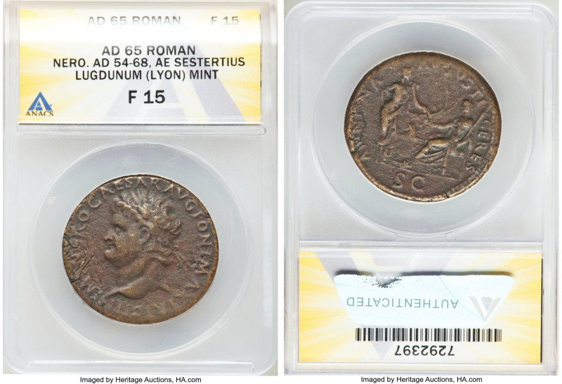 Nero (AD 54-68). AE sestertius (33mm, 6h). ANACS Fine 15. Lugdunum, ca. AD 66. I...