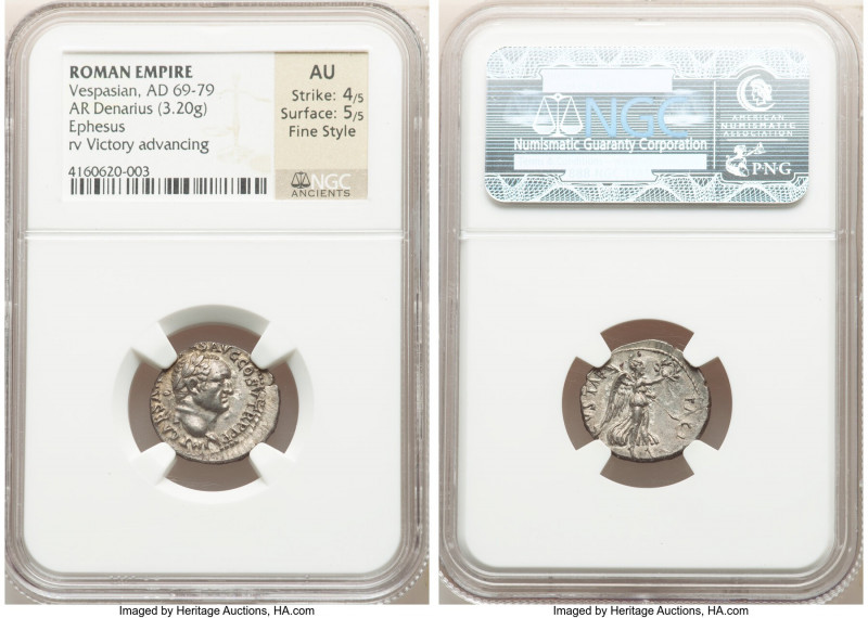 Vespasian (AD 69-79). AR denarius (18mm, 3.20 gm, 12h). NGC AU 4/5 - 5/5, Fine S...