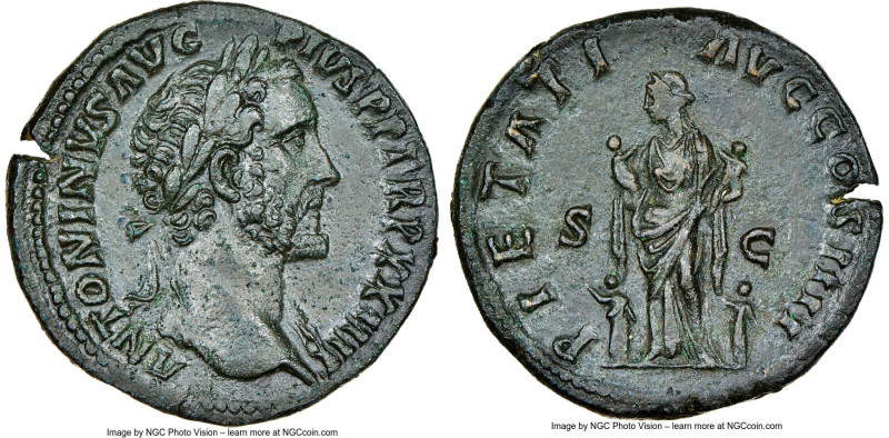 Antoninus Pius (AD 138-161). AE sestertius (32mm, 24.41 gm, 11h). NGC AU 4/5 - 4...