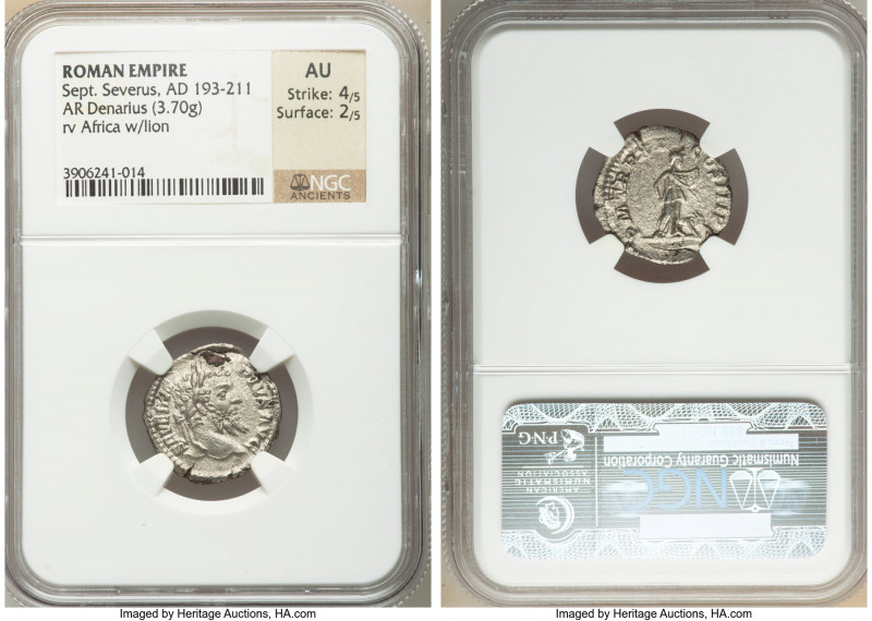 Septimius Severus (AD 193-211). AR denarius (18mm, 3.70 gm, 6h). NGC AU 4/5 - 2/...