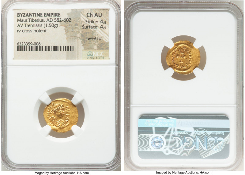 Maurice Tiberius (AD 582-602). AV tremissis (17mm, 1.50 gm, 6h). NGC Choice AU 4...