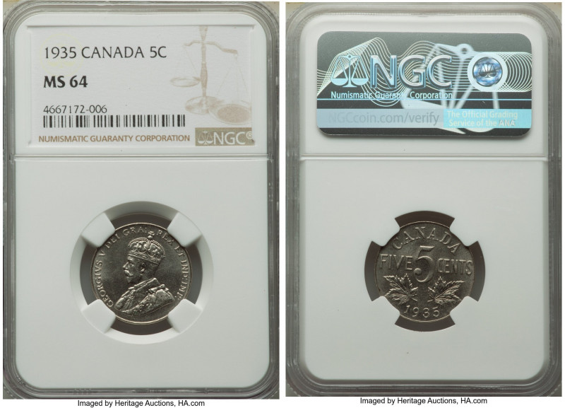 George V 5 Cents 1935 MS64 NGC, Royal Canadian mint, KM29. Reflective fields. 
...