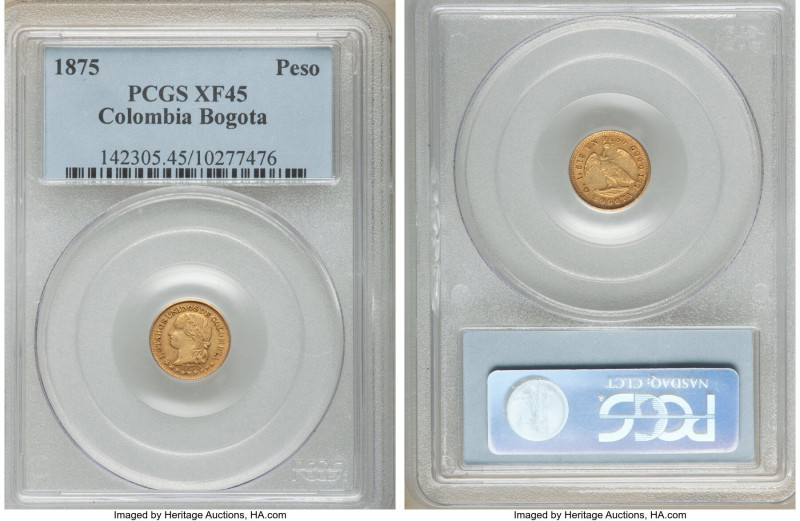 Republic gold Peso 1875 XF45 PCGS, Bogota mint, KM157.2. AGW 0.0467 oz. 

HID0...