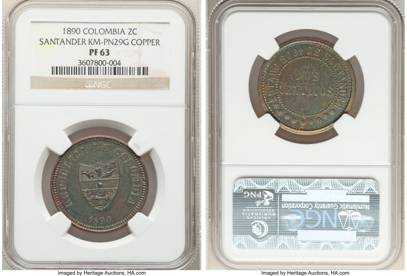 Santander copper Proof Pattern 2 Centavos 1890 PF63 NGC, KM-Pn29G. Struck for th...