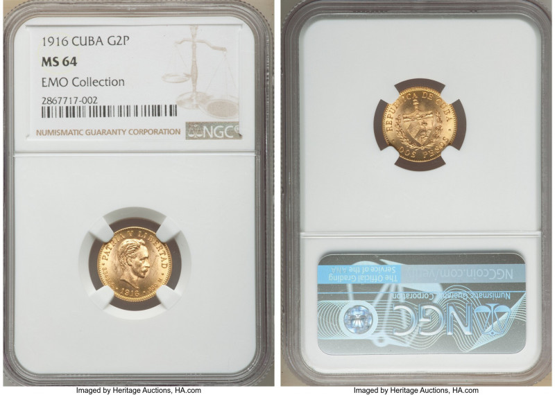 Republic gold 2 Pesos 1916 MS64 NGC, Philadelphia mint, KM17. Two year type. Ex....