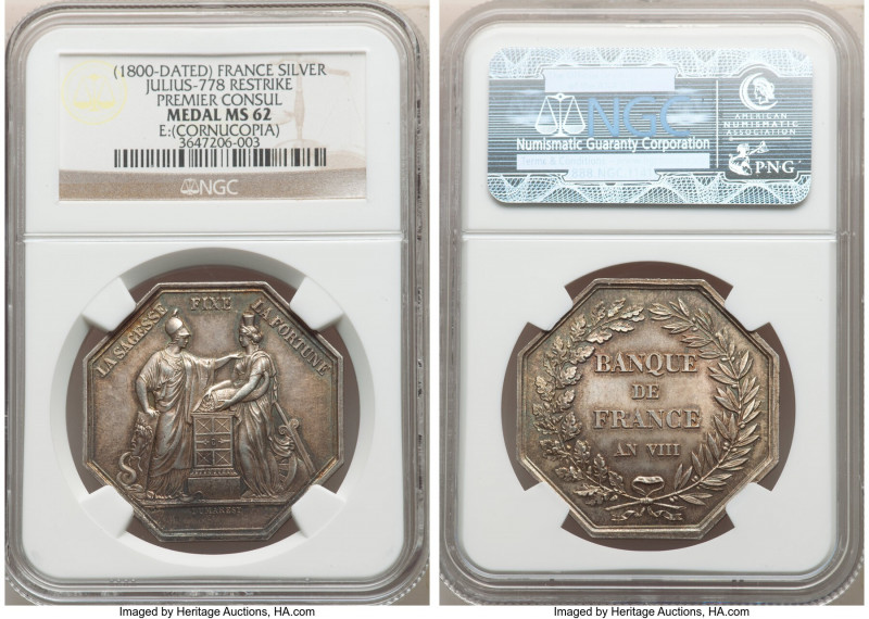 Banque de France silver Restrike Octagonal Jeton L'An 8 (1800)-Dated MS62 NGC, J...