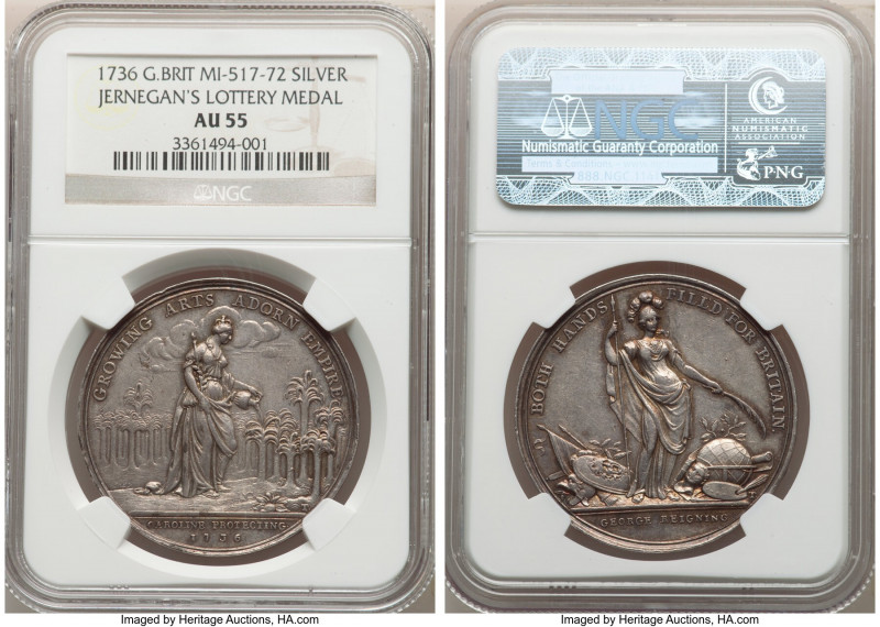 "Jernegan's Lottery" silver Medal 1736 AU55 NGC, MI-517/72. 39mm. By J.S. Tanner...