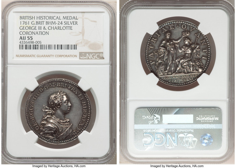 George III silver "Coronation" Medal 1761 AU55 NGC, BHM-24, Eimer-694. 34mm. By ...